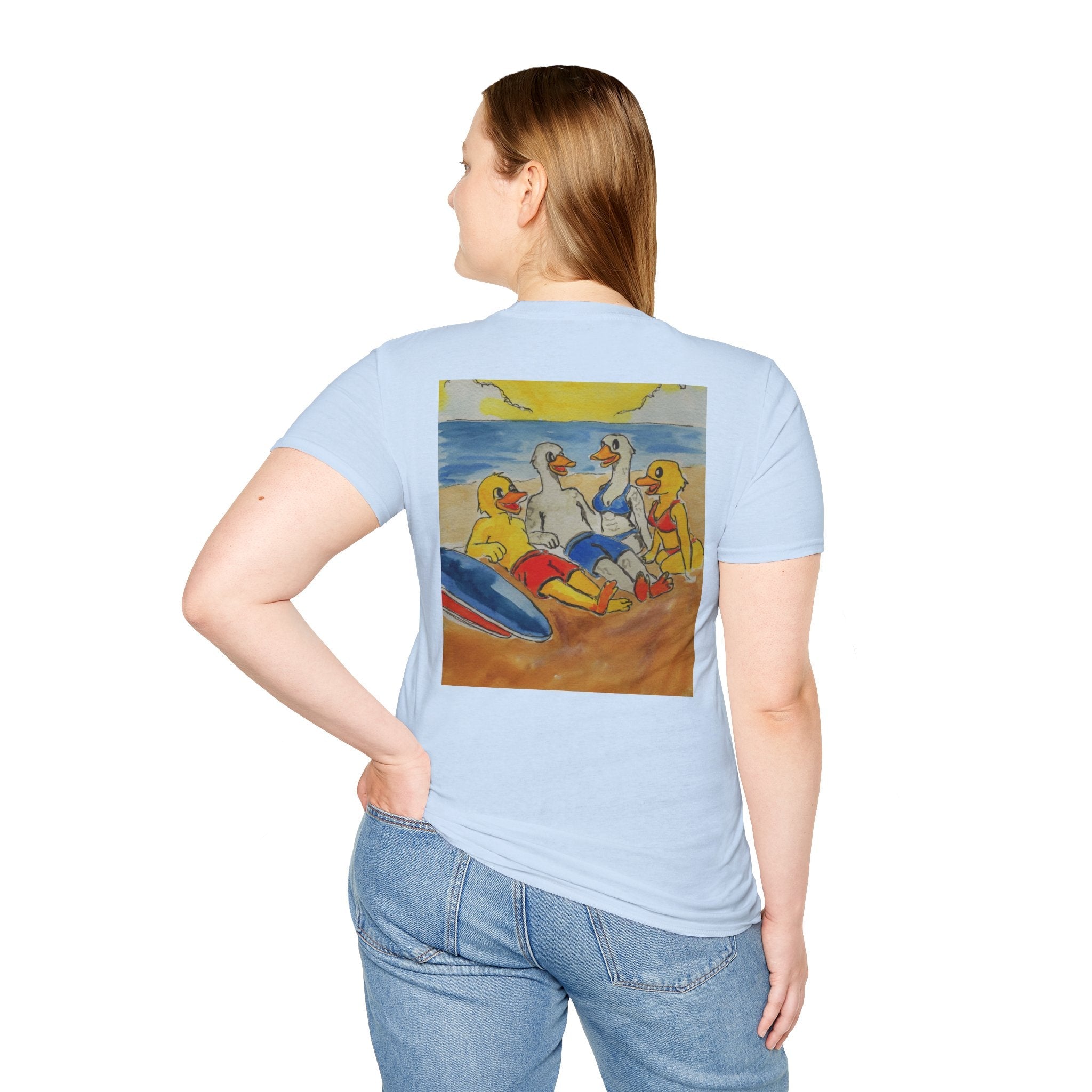 “Beach Day – Robert & Crew” Premium Tee T-Shirt hand painted duck art card, collectible mini art, travel souvenir, cruise gift idea - The Duck & Compass Society