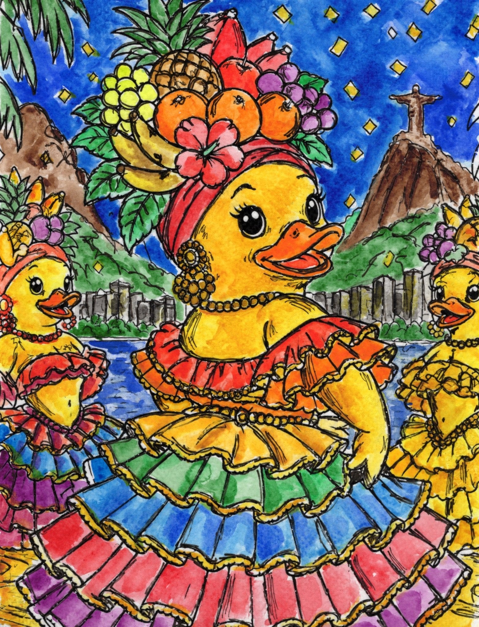 Carnival in Rio – Original Watercolor Duck Painting collectible card hand painted duck art card, collectible mini art, travel souvenir, cruise gift idea - The Duck & Compass Society