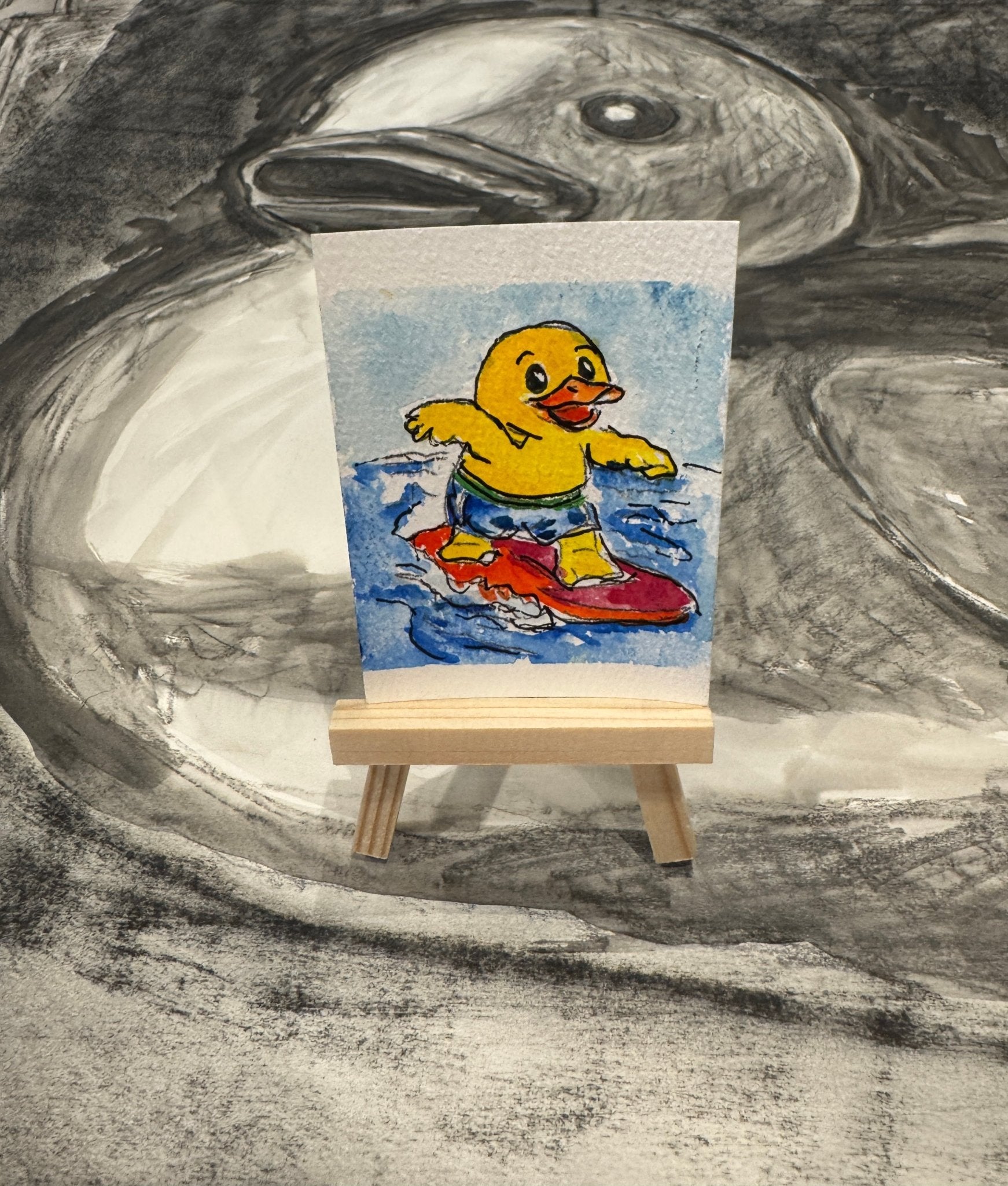 “Catch the Wave” — Original Hand - Painted Duck hand painted duck art card, collectible mini art, travel souvenir, cruise gift idea - The Duck & Compass Society