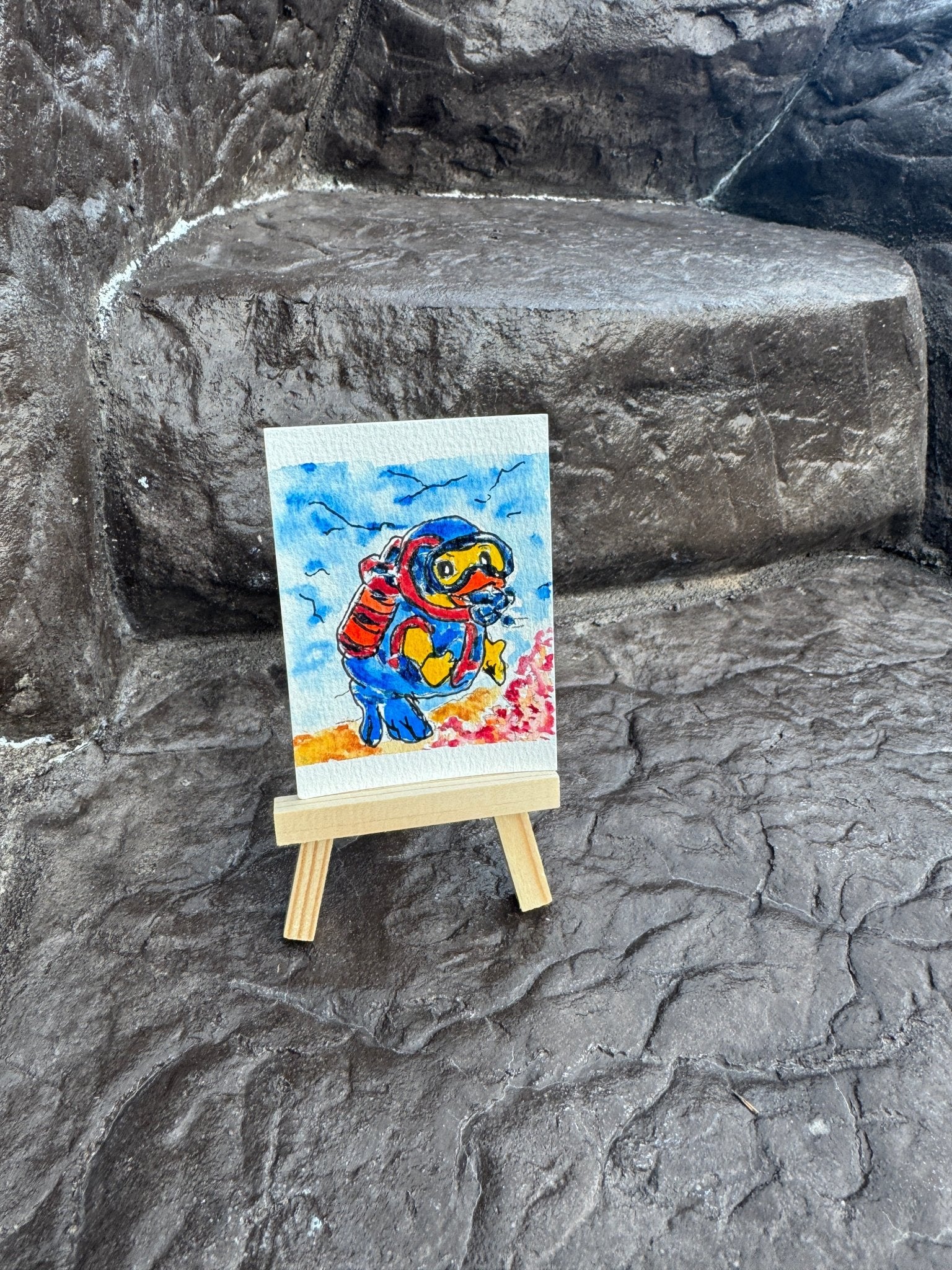 “Dive In” — Original Hand - Painted Adventure Duck hand painted duck art card, collectible mini art, travel souvenir, cruise gift idea - The Duck & Compass Society