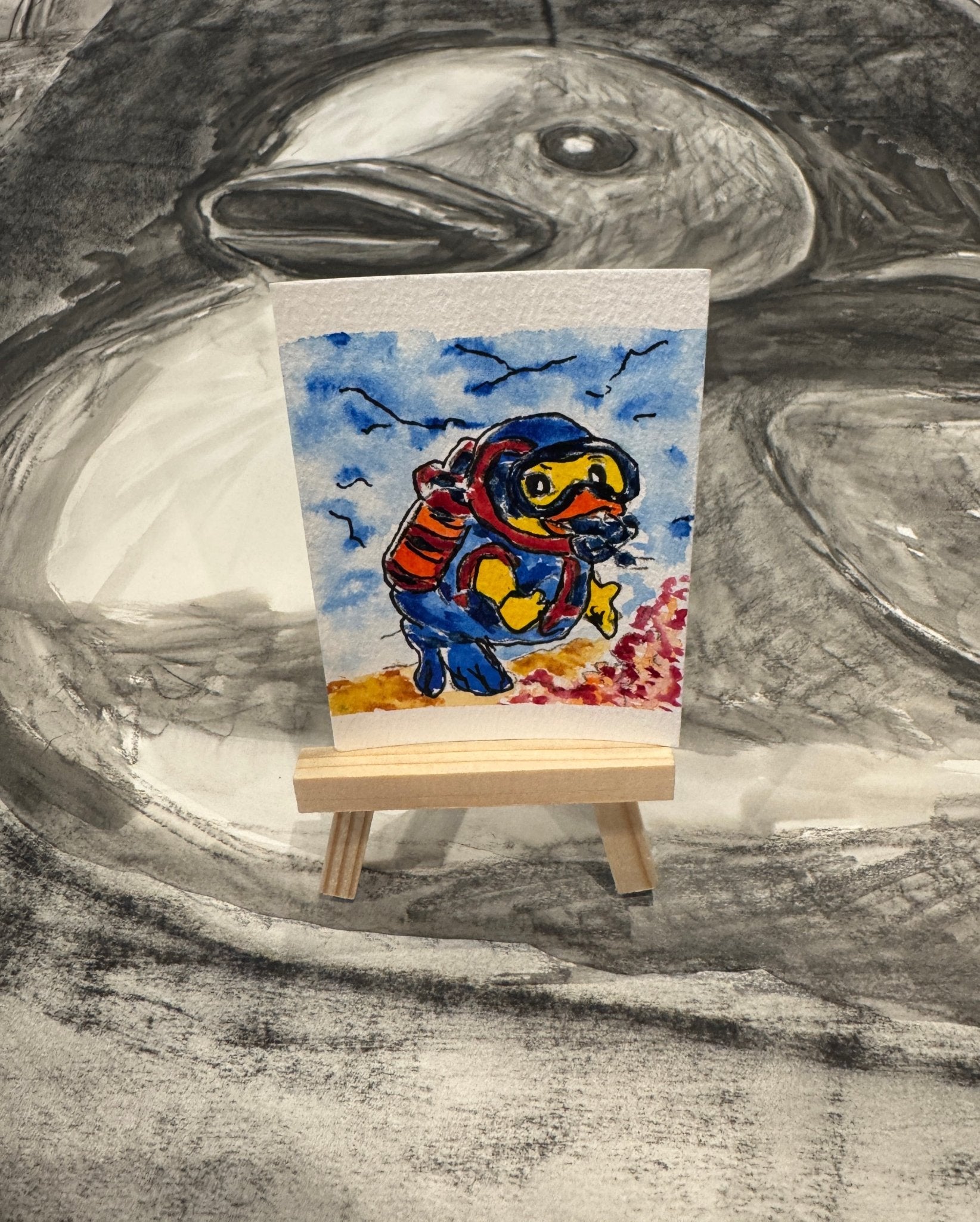 “Dive In” — Original Hand - Painted Adventure Duck hand painted duck art card, collectible mini art, travel souvenir, cruise gift idea - The Duck & Compass Society