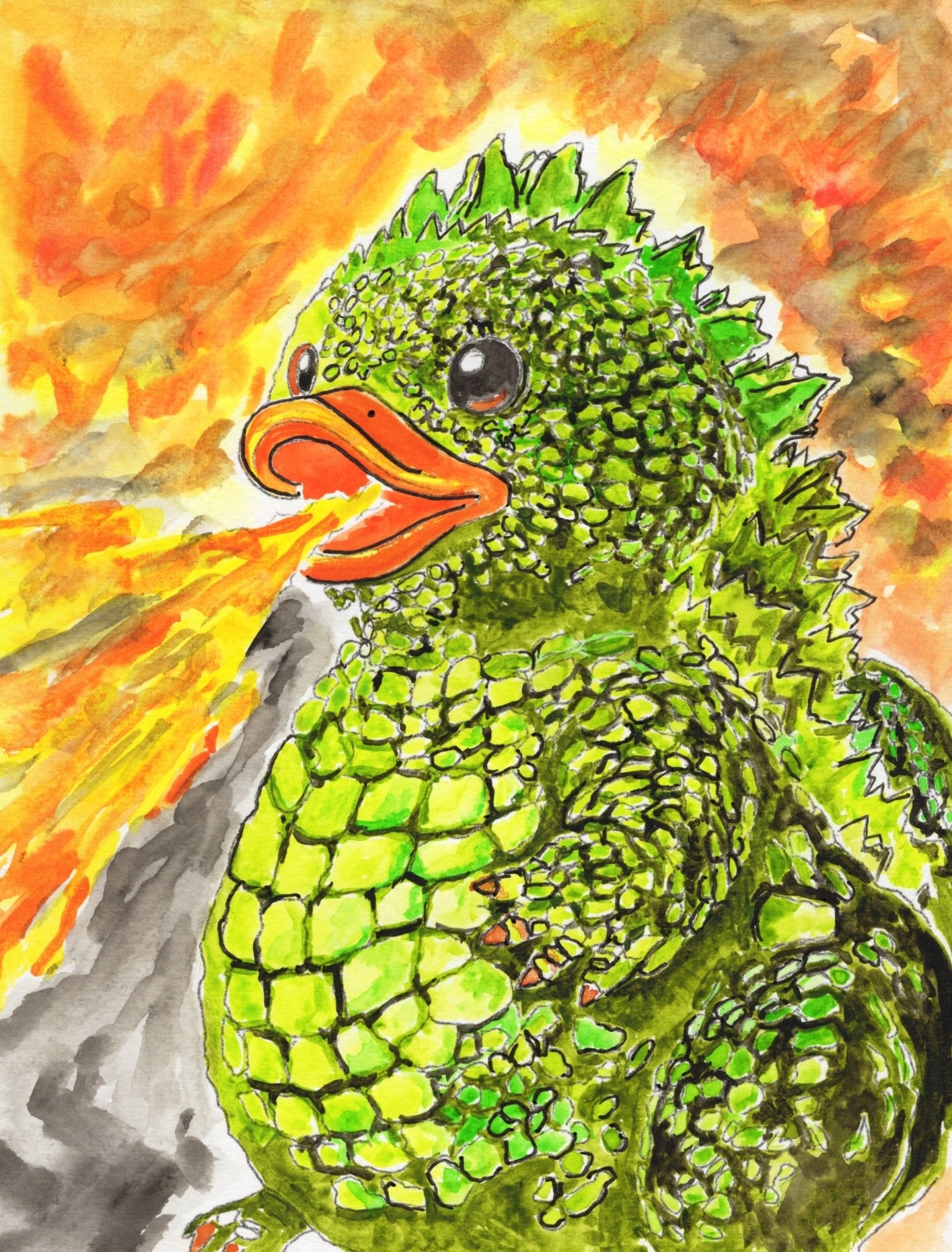 Duckzilla – Original Watercolor Kaiju Duck Painting collectible card hand painted duck art card, collectible mini art, travel souvenir, cruise gift idea - The Duck & Compass Society