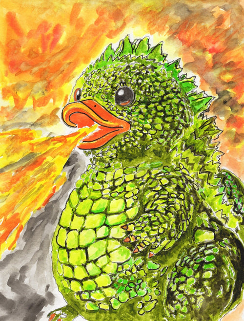 Duckzilla – Original Watercolor Kaiju Duck Painting collectible card hand painted duck art card, collectible mini art, travel souvenir, cruise gift idea - The Duck & Compass Society