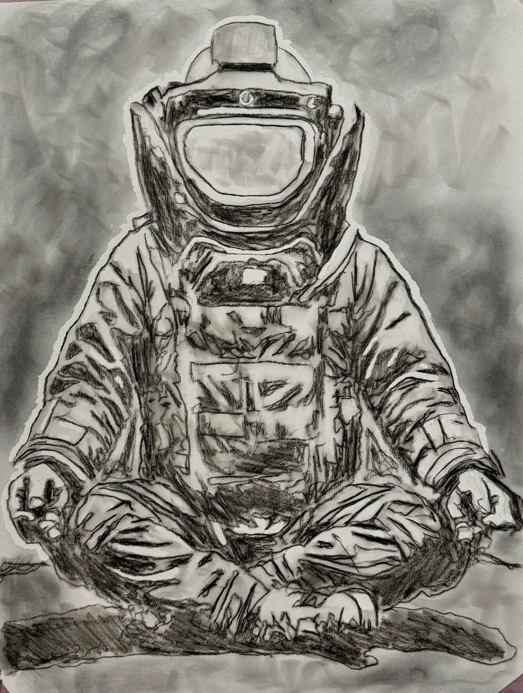 Detailed charcoal drawing of military EOD technician in bomb suit