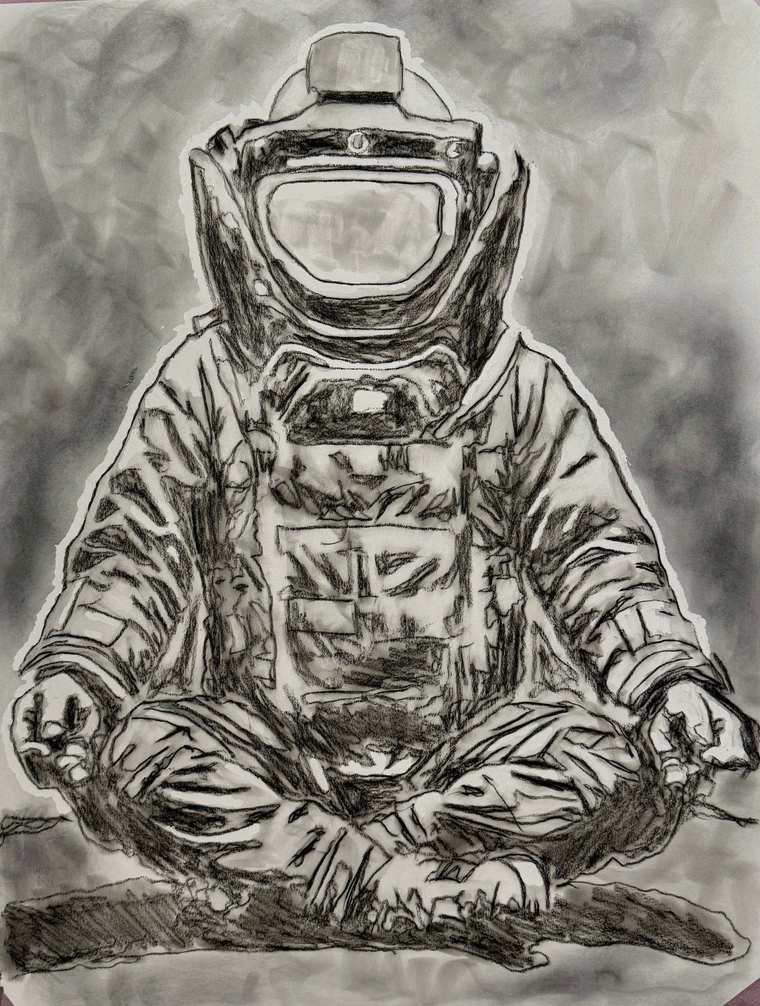 Detailed charcoal drawing of military EOD technician in bomb suit