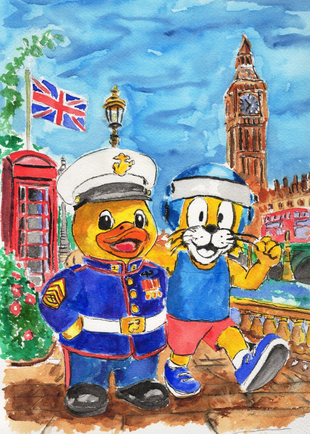 Friends for Life – Original Watercolor London Adventure Painting collectible card hand painted duck art card, collectible mini art, travel souvenir, cruise gift idea - The Duck & Compass Society
