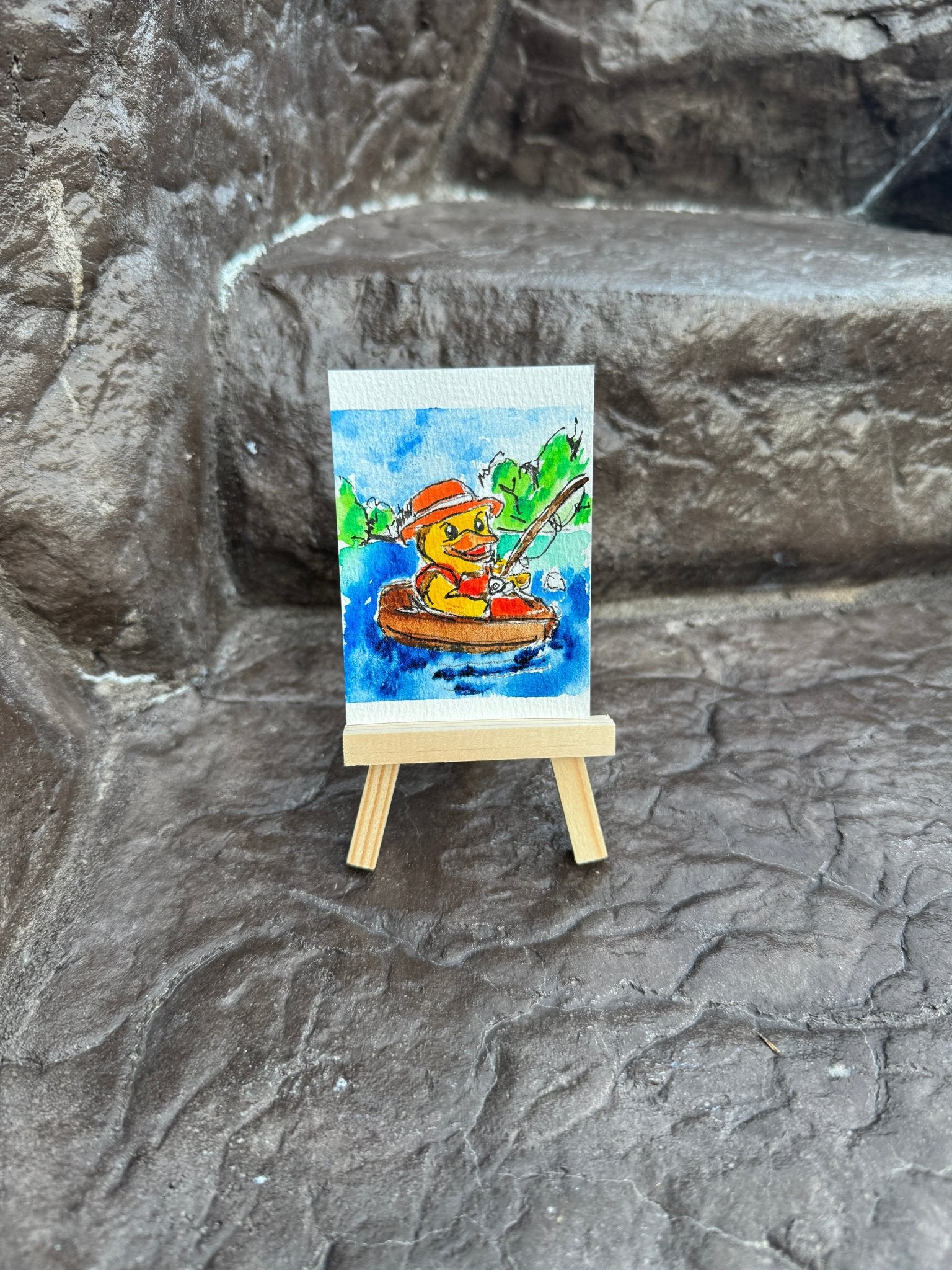 “Gone Fishing” — Original Hand - Painted Duck hand painted duck art card, collectible mini art, travel souvenir, cruise gift idea - The Duck & Compass Society