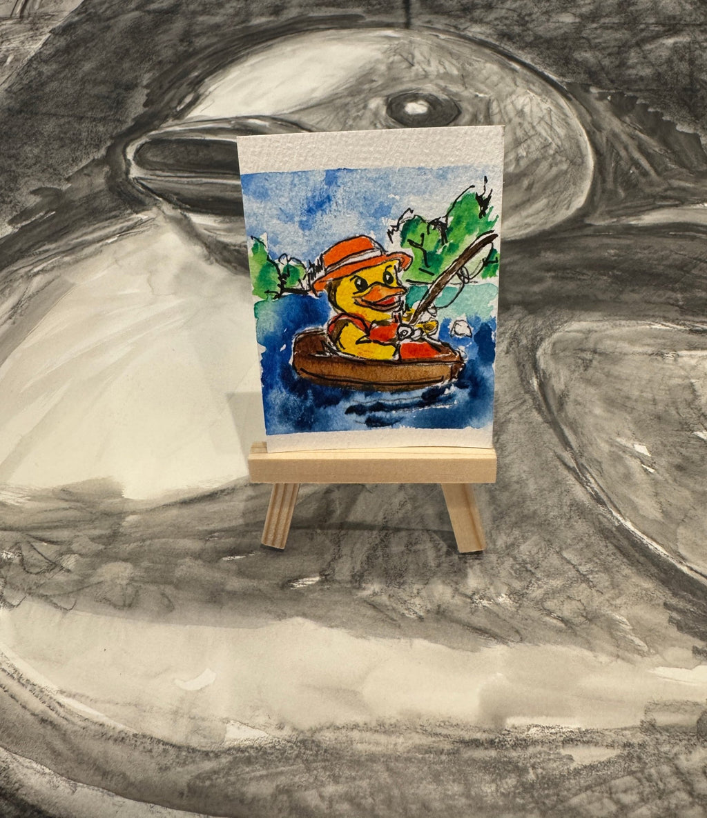 “Gone Fishing” — Original Hand - Painted Duck hand painted duck art card, collectible mini art, travel souvenir, cruise gift idea - The Duck & Compass Society