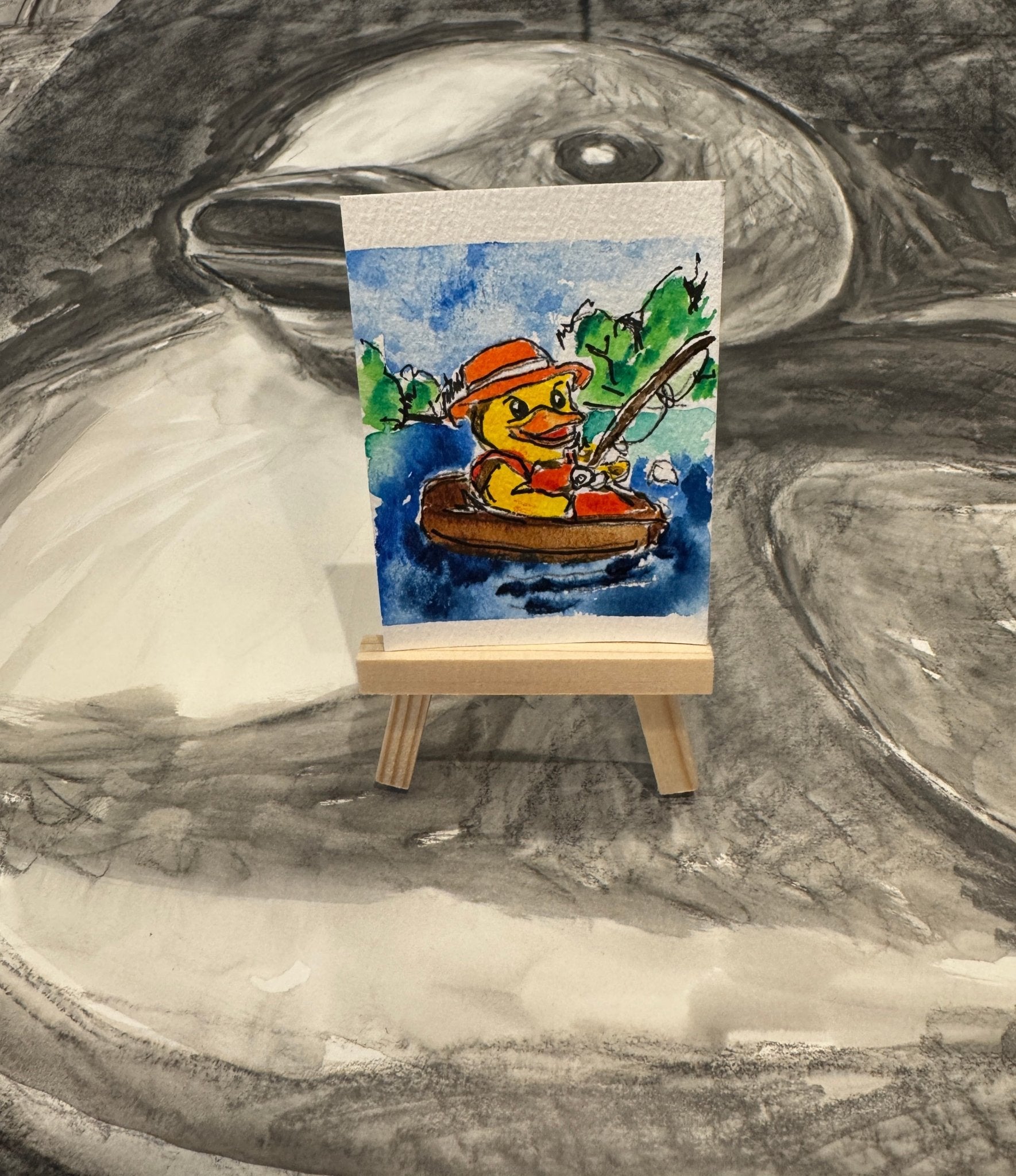 “Gone Fishing” — Original Hand - Painted Duck hand painted duck art card, collectible mini art, travel souvenir, cruise gift idea - The Duck & Compass Society
