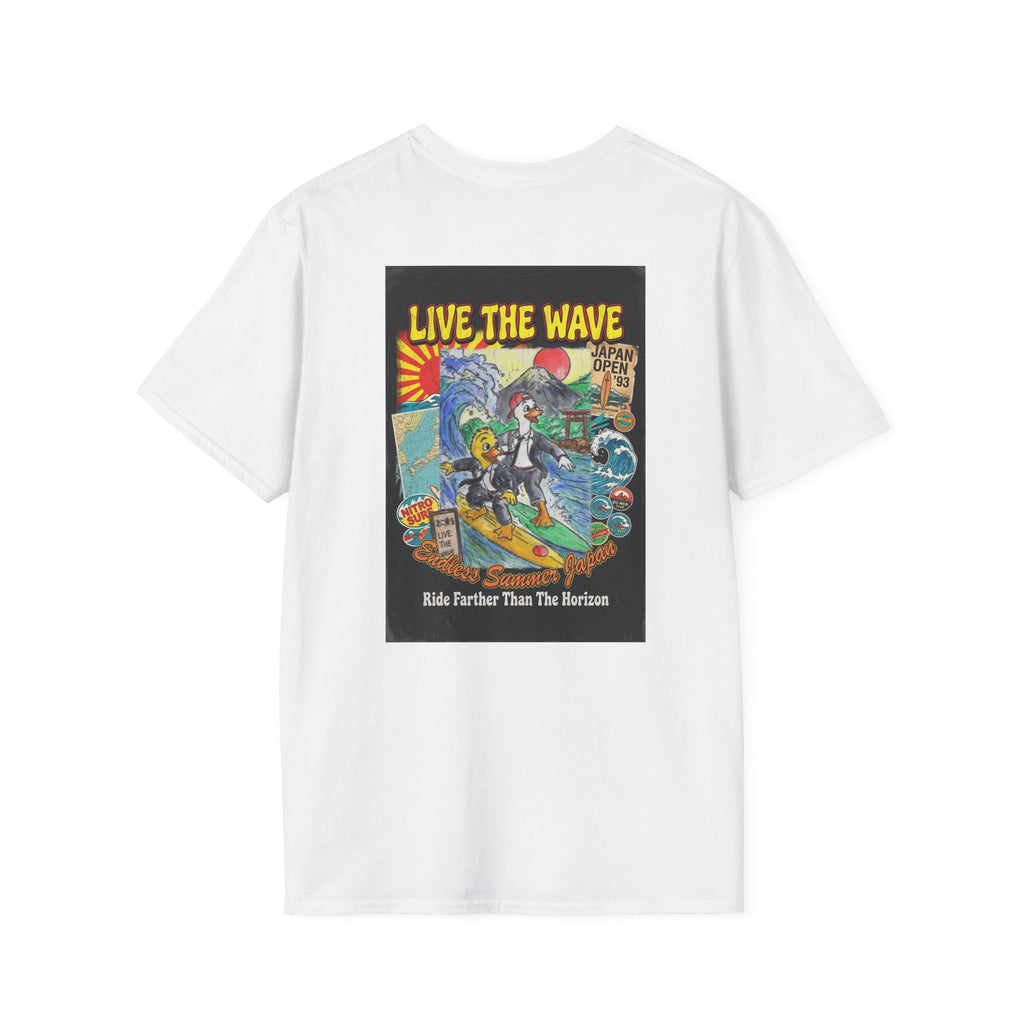 Live The Wave – Endless Summer Japan Surf T-Shirt | Official Bruce Brown Films Adventure Tee T-Shirt hand painted duck art card, collectible mini art, travel souvenir, cruise gift idea - The Duck & Compass Society